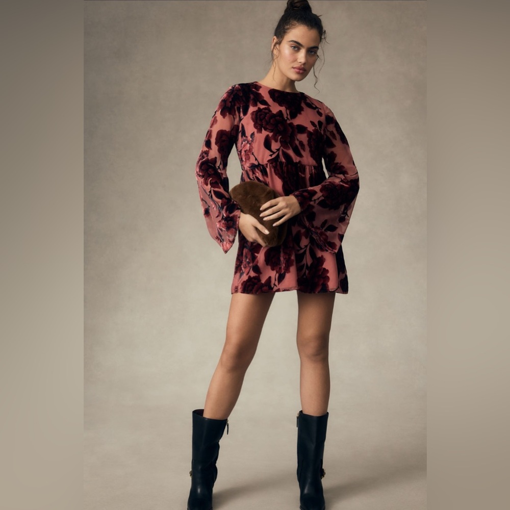 ANTHROPOLOGIE HUTCH Long Sleeve Velvet Mini Dress XS Burnout Floral Pink Pattern